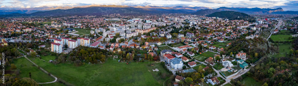 Aerial view around the city Niksic in Montenegro on a late afternoon in autumn.	