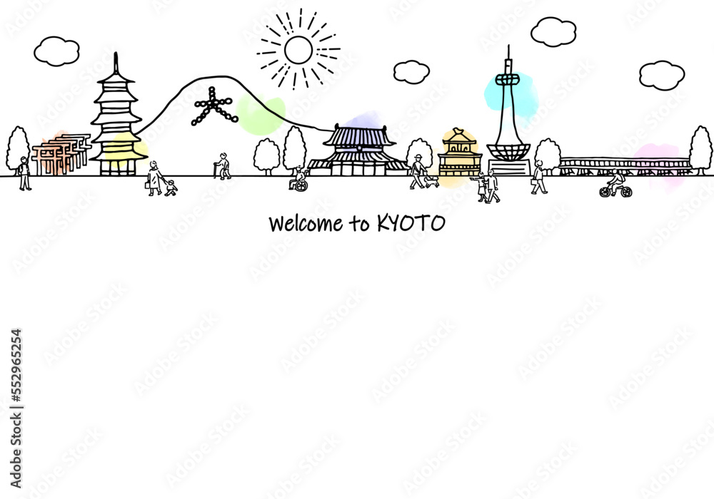 Fototapeta premium 手書きの京都の街並みと人々のシンプル線画