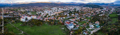 Aerial view around the city Niksic in Montenegro on a late afternoon in autumn. 