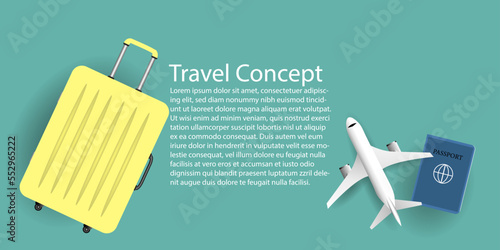 White Airplane with yellow luggage on green background coppy space for text Vector illustration,Business Travel summer holiday Concept