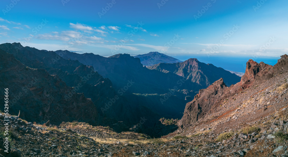 Taburiente caldera wide panorama at dawn with text space