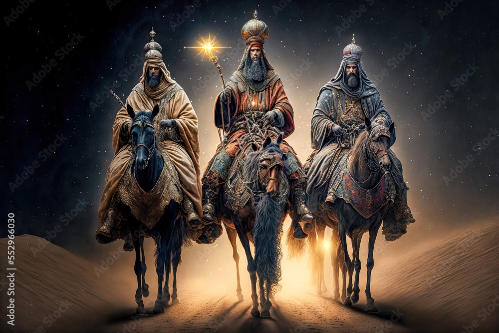 Naklejka premium Dreikönige Dreikönigsfest Epiphanias Bethlehem mit Maria und Josef und Jesuskind created with Generative AI Digital Art Illustration Skizze
