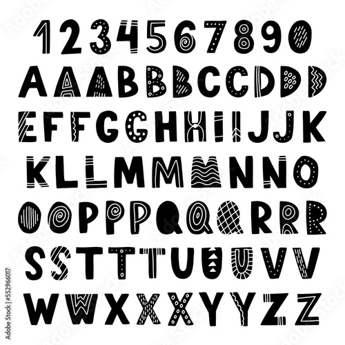 Scandinavian vector alphabet with numbers for kids. Hand drawn graphic font. For typography poster, card, label, brochure, flyer, page, banner design. ABC. Cartoon alphabet.