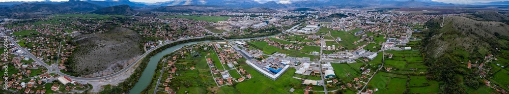 Aerial view of the city Tir in Montenegro on a cloudy afternoon in autumn.