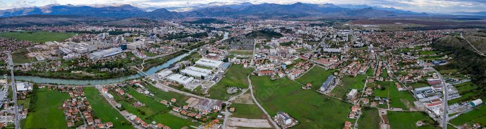 Aerial view of the city Tir in Montenegro on a cloudy afternoon in autumn.