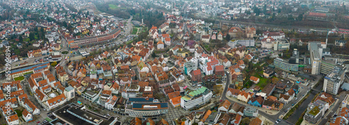 Aerial view of Backnang  germany before Christmas on a cloudy afternoon in December. 