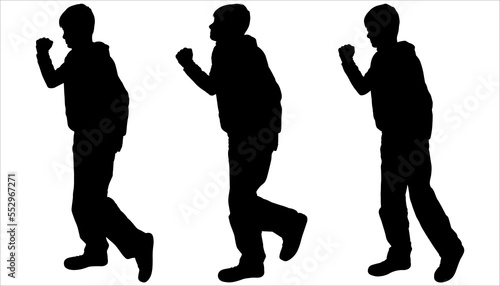 Children of schoolchildren have fun playing catch-up and tags. Schoolchildren quickly run and chase one after another. The black silhouette of teenagers in a flat style is isolated on a white.