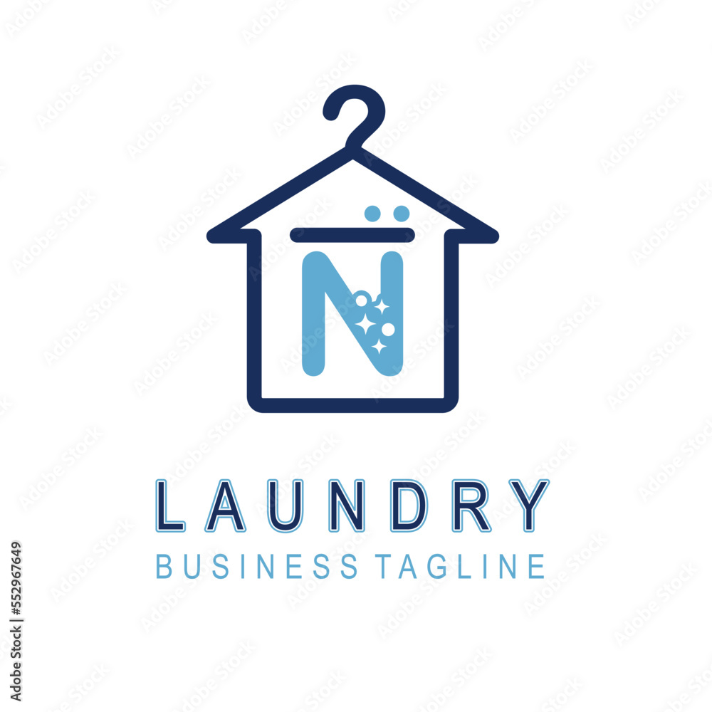 Letter N for Laundry Business Logo Design Idea Template with House and Hanger Icon. Dry Cleaning Clothes Wash Machine Letter N for Laundry Business Logo Design Idea Template with House and Hanger Icon. Dry Cleaning Clothes Wash Machine