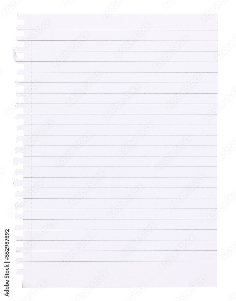 Close up from piece of lined paper wripped out of a book. Copy space. Isolated on a white background. Close up from piece of lined paper wripped out of a book. Copy space. Isolated on a white background.