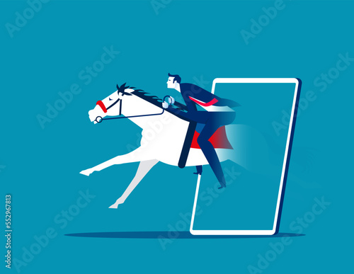 Businessman riding a horse out smartphone. Business competition vector illustration