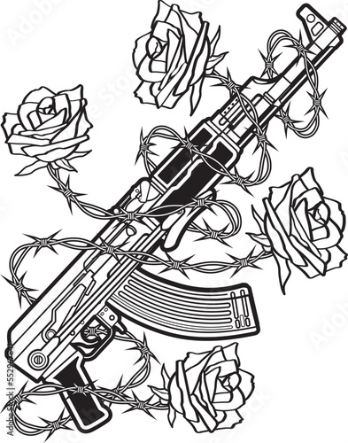 Russian  Ak 47 Kalashnikov assault rifle with barb wired roses
