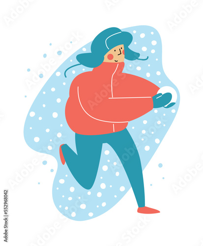 A teenager in a winter down jacket runs with a snowball in his hands. Winter games with snow. Color illustration for design and print. Children's winter entertainment on vacation. Snowy winter day.