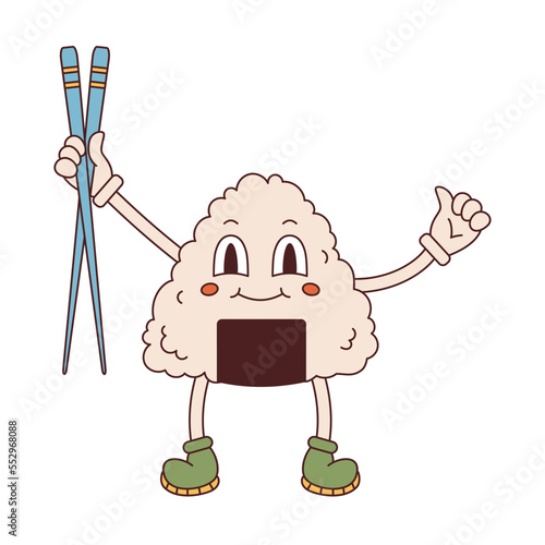 Vector cute onigiri mascot in retro style. Groovy onigiri holding chopsticks. Hippie character onigiri 70s.
