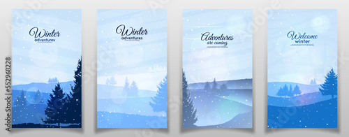 Vector illustration. Set of winter season with natural silhouettes of trees. Snowfall, blizzard. Design for poster, brochure, banner, touristic or business card.