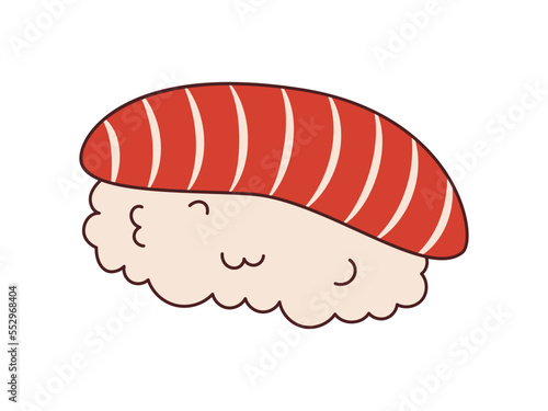 Vector sushi with red fish in retro style. Groovy nigiri sushi 70s.