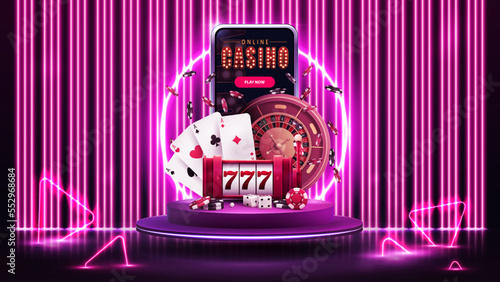 Online casino, banner with smartphone, slot machine, Roulette, chips and playing cards on purple podium with neon ring in scene with line neon pink wall on background and neon triangles around