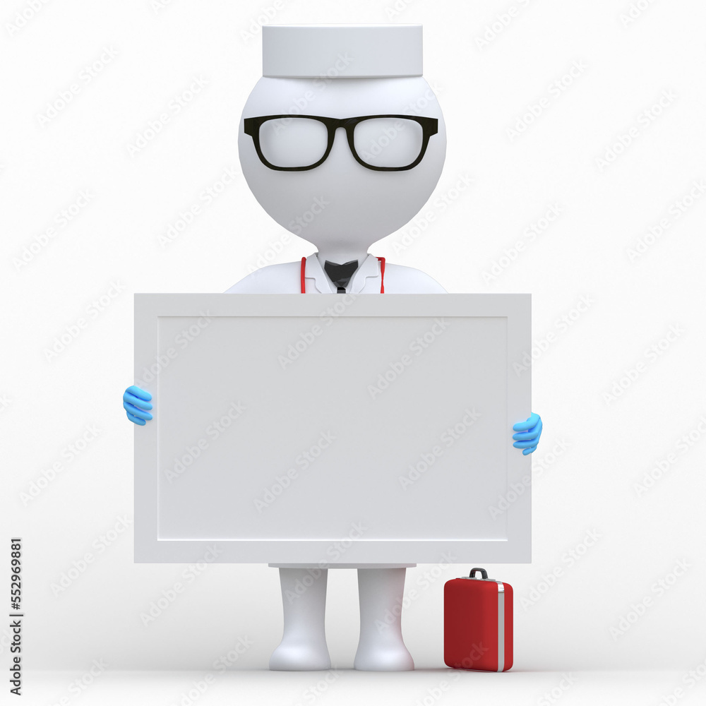 Doctor holding white blank board. Doctor posing endoscope while holding white board with empty white space. Doctor showing mock up empty signboard. Copy space. 3D Render. Isolated white background.