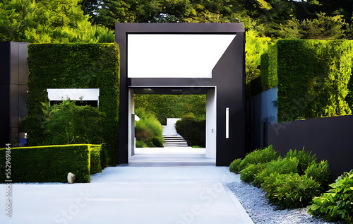 Entrance area of a modern garden with gravel pavement and concrete in strict rectangular architecture, made with generative AI