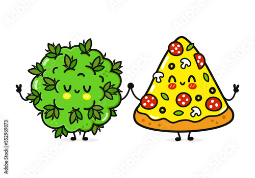 Cute, funny happy pizza and marijuana weed bud character. Vector hand drawn cartoon kawaii characters, illustration icon. Funny cartoon happy pizza and marijuana weed bud friends