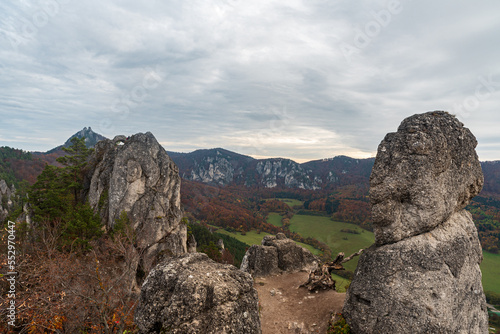 View from Sulovsky hrad castle ruins in autumn Sulovske skaly mountains in Slovakia