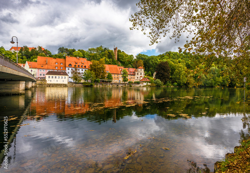 River view on Landberg-am-Lech town, Germany on a cloudy autumn day