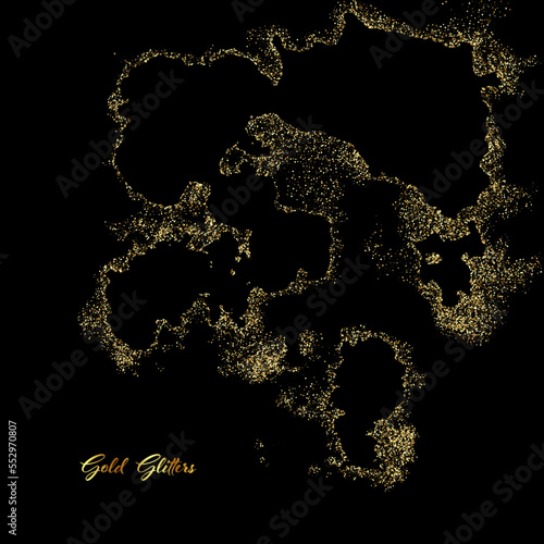 Golden sparkling stardust leaves sparkling particles on a black background. Vector glamor fashion concept gold glitters