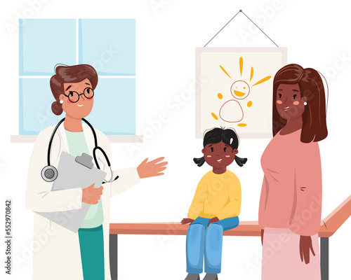 Mom and girl talking to the doctor. Black mom and her daughter visiting the doctor.