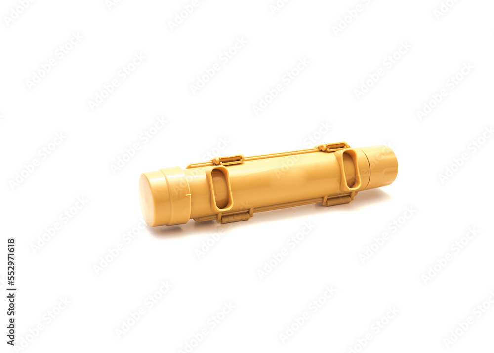 Side view brand new brown plastic rice bazooka sushi roller making tool isolated on white background Side view brand new brown plastic rice bazooka sushi roller making tool isolated on white background