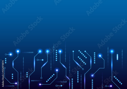 Black circuit board technology of commands of a computer system that transmits and receives data into the system. Emphasis on using blue tones as the main color with glowing points