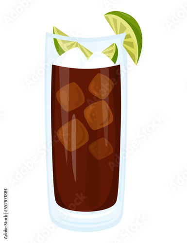 Mexican alcoholic cocktail Charro Negro. Latin American popular drink with tequila, ice cubes and lime pieces. Vector illustration in cartoon style for menu design and decoration, culinary themes