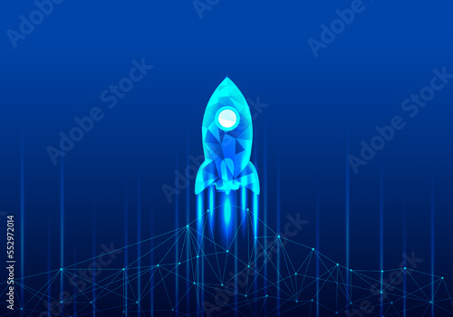 The rising rocket background indicates that wireless Internet connections are faster and easier for business or financial transactions requiring speed.