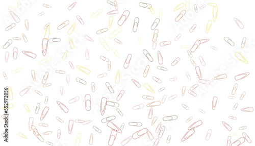 Paper clips are scattered on a white background. Decorative element. Background for design, school and office supplies