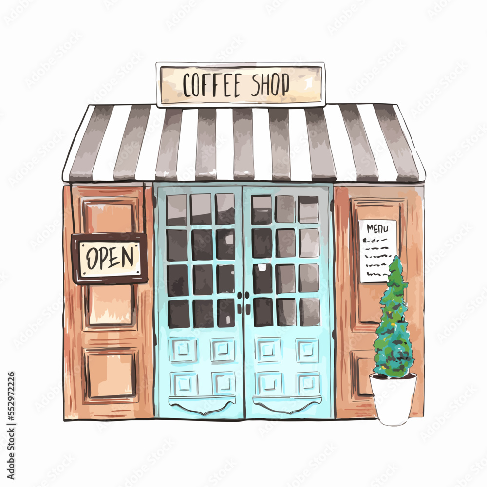 Hand drawn watercolor art. Vintage coffee shop entrance facade.