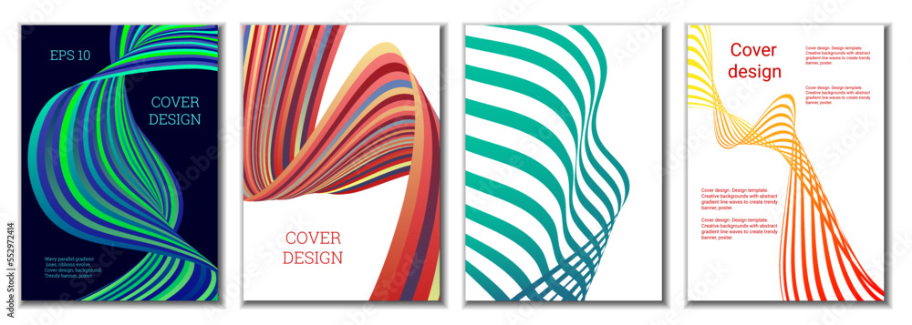 A set of 4 abstract covers. Wavy parallel gradient lines, ribbons evolve. Cover design, background. Trendy banner, poster. A set of 4 abstract covers. Wavy parallel gradient lines, ribbons evolve. Cover design, background. Trendy banner, poster.