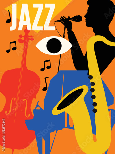 Jazz music poster for band performance. Colorful musical instruments background. Live concert events, music festivals and shows invitation design. Night club party flyer. Vector illustration.
