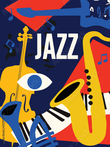 Jazz music poster with piano, sax, trumpet, guitar, cello. Musical instruments background. Live concert events, music festivals, shows invitation design. Night club party flyer. Vector illustration.