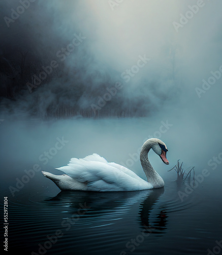 swan on a foggy lake