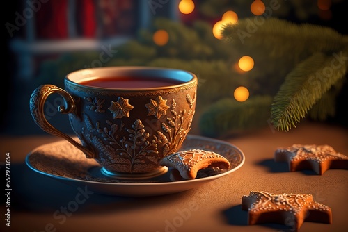 Christmas ginger bread and tea against a Christmas tree.