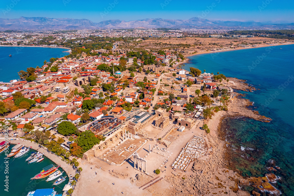 Antique Apollo temple ruins of ancient Side city Antalya Turkey drone photo, aerial top view