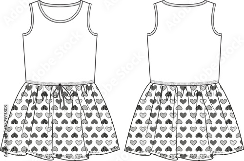 DRESS AND FROCKS FOR GIRL WEAR FRONT AND BACK WITH TULLE CLOTH HEART SHAPE FLAT DESIGN VECTOR