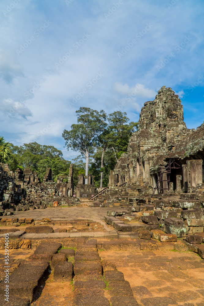 Vertical view of beautiful ancient temple structures at Bayon Temple - Angkor Wat, Cambodia