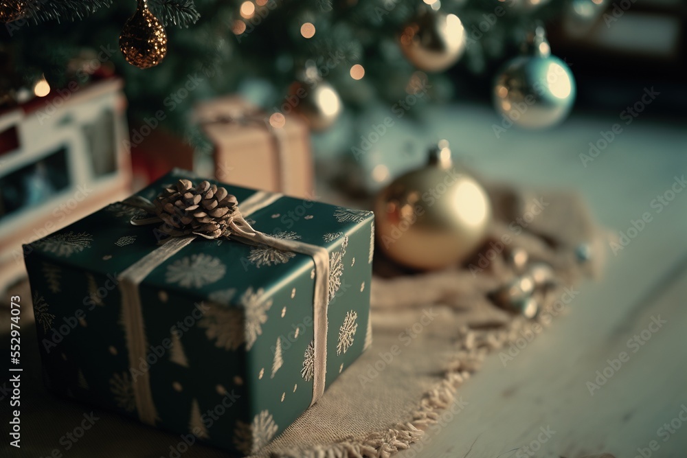 Beautiful Christmas gift boxes on floor. Generative AI Beautiful Christmas gift boxes on floor. Generative AI