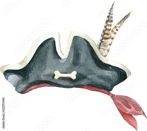 Hand-painted Watercolor pirate hat illustration. Watercolor pirates hat isolated on white background. Hipster clothes, accessories, cute drawing clipart elements cutout.