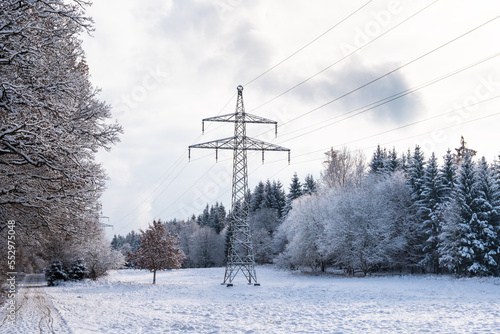 Strommasten / Freileitungsmast im Winter mit Schnee und Bäumen