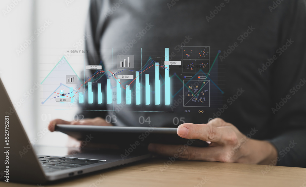 Investor data and information analysis chart for planning in strategy of stock market money or fund. Invest for earning or profit. Investment in business and financial concept of growth and success Investor data and information analysis chart for planning in strategy of stock market money or fund. Invest for earning or profit. Investment in business and financial concept of growth and success