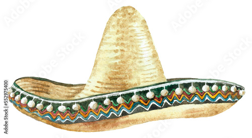 Hand-painted Watercolor straw mexican sombrero hat illustration. Watercolor summer funny hat isolated on white background. Hipster clothes, accessories, cute drawing clipart elements cutout.	 photo