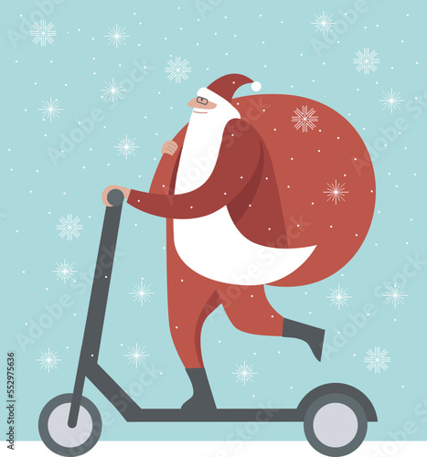Santa Claus riding scooter and carrying a huge sack of presents