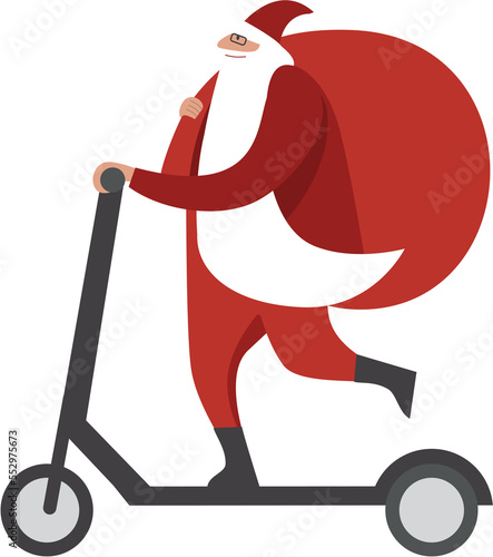 Santa Claus riding scooter and carrying a huge sack of presents.  photo