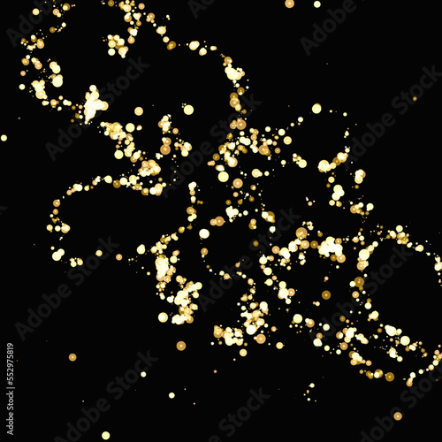 Golden sparkling stardust leaves sparkling particles on a black background. Vector glamor fashion concept gold glitters
