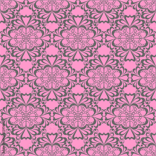 seamless graphic pattern, floral gray ornament tile on pink background, texture, design © Yuliia
